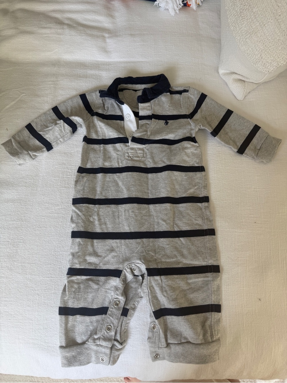 Ralph Lauren Boys Striped Grey & Navy Baby One-Piece Romper
